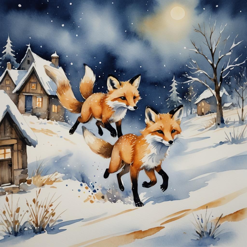 Fox Runs Through Snowy Village as Watercolor