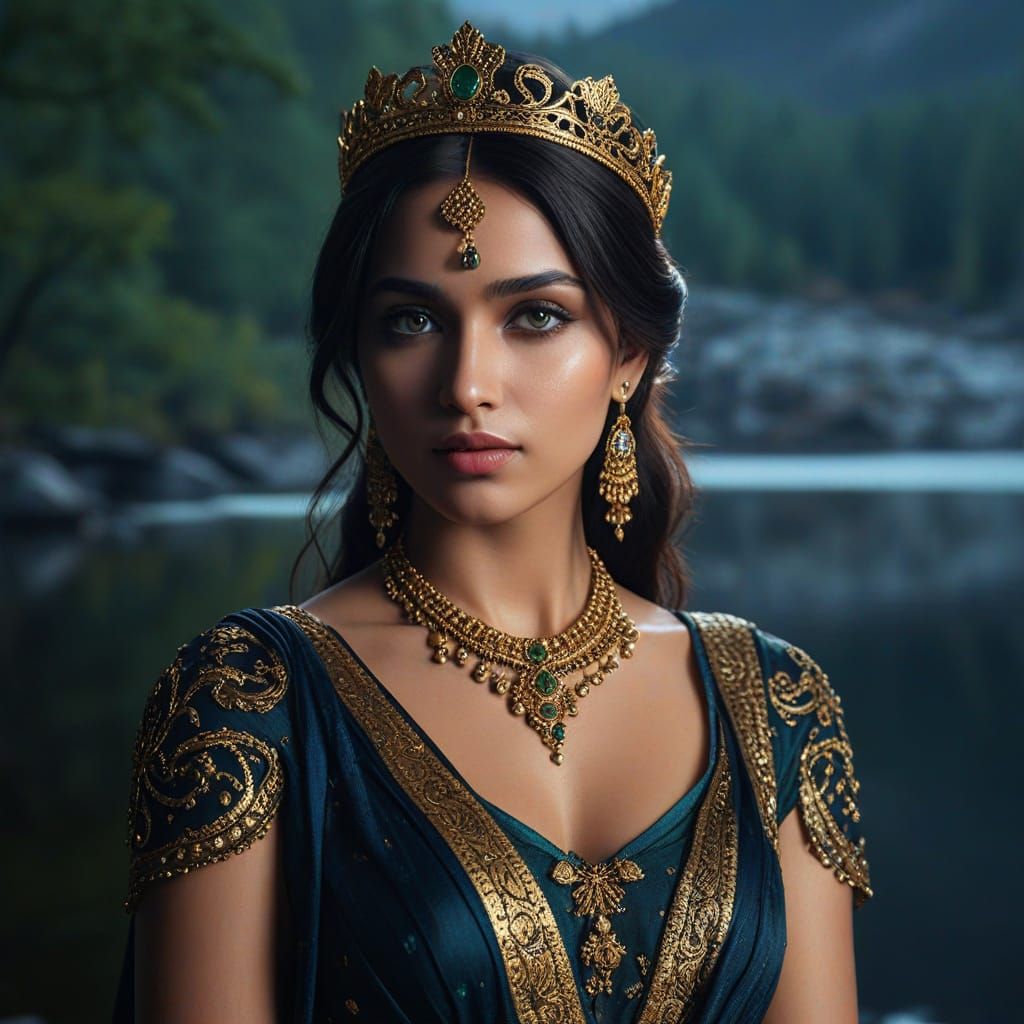 Indian Aphrodite in Golden Saree by Lake