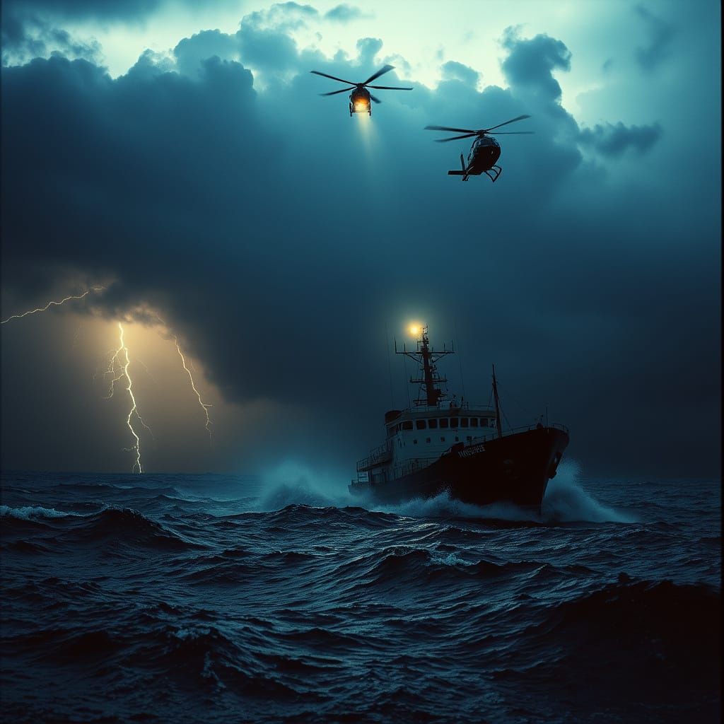 Ship in Stormy Sea Rescue: Cinematic Film Still