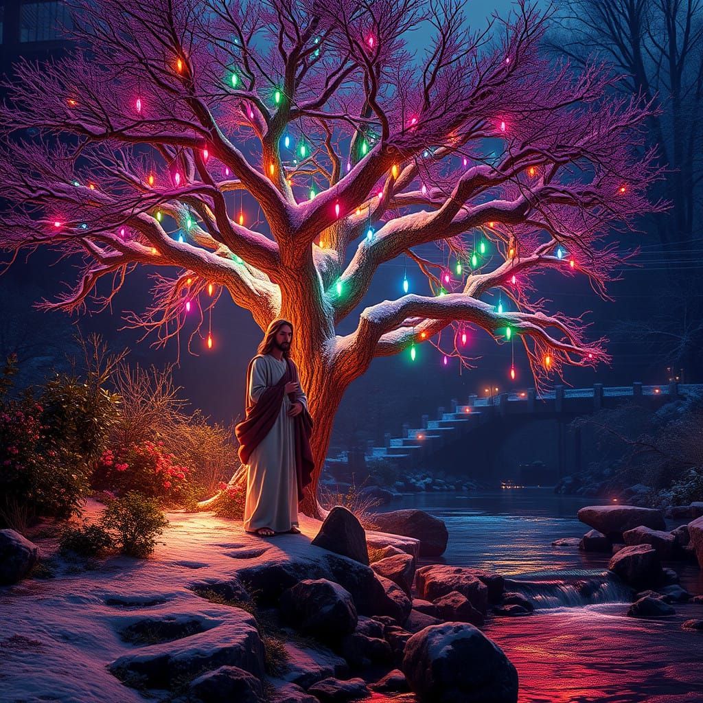 Jesus Beside Radiant Tree of Life in Winter Garden