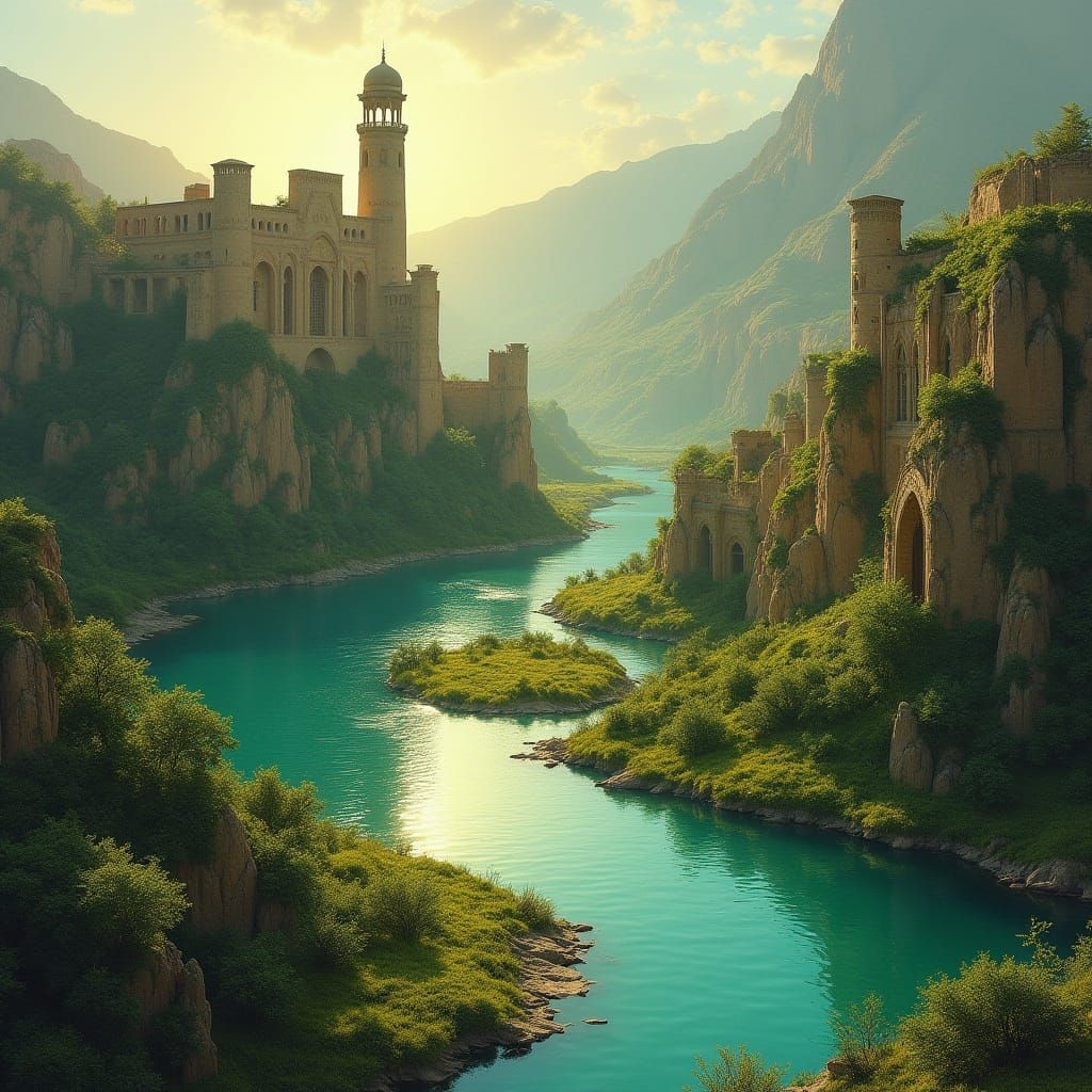 Lush Valley River With Ancient City Ruins