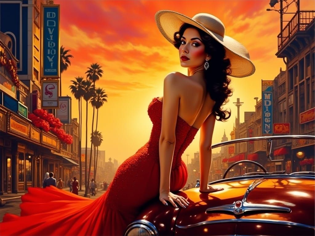 Hollywood Starlet Poses at Sunset in Pin-Up Style