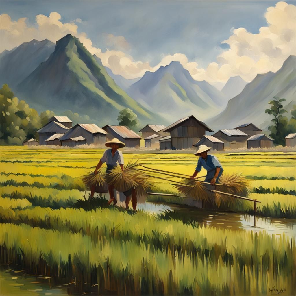 Rice Farmers in Impressionist Gouache Style