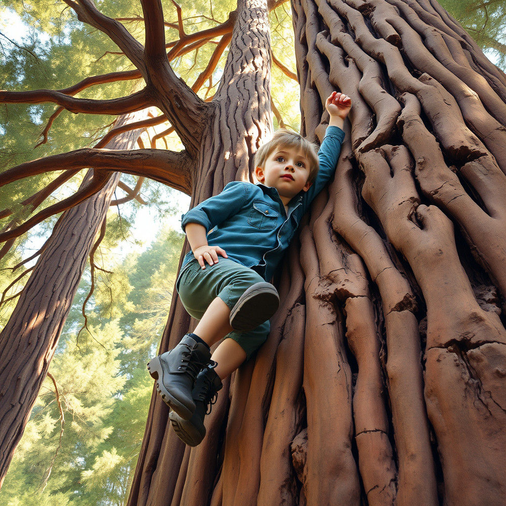 Boy Climbs Majestic Coastal Redwood in Whimsical Light