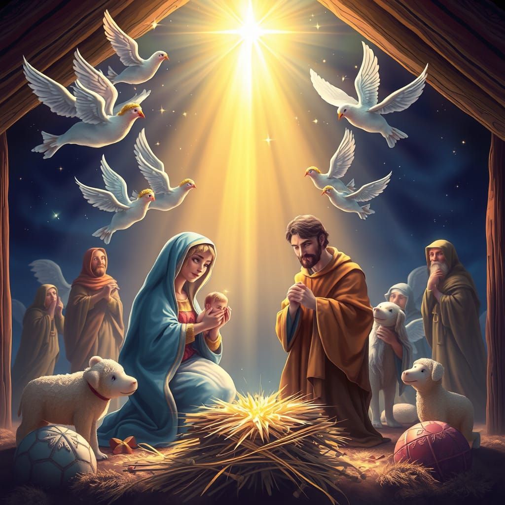 Celestial Nativity Scene with Whimsical Candy Art Style