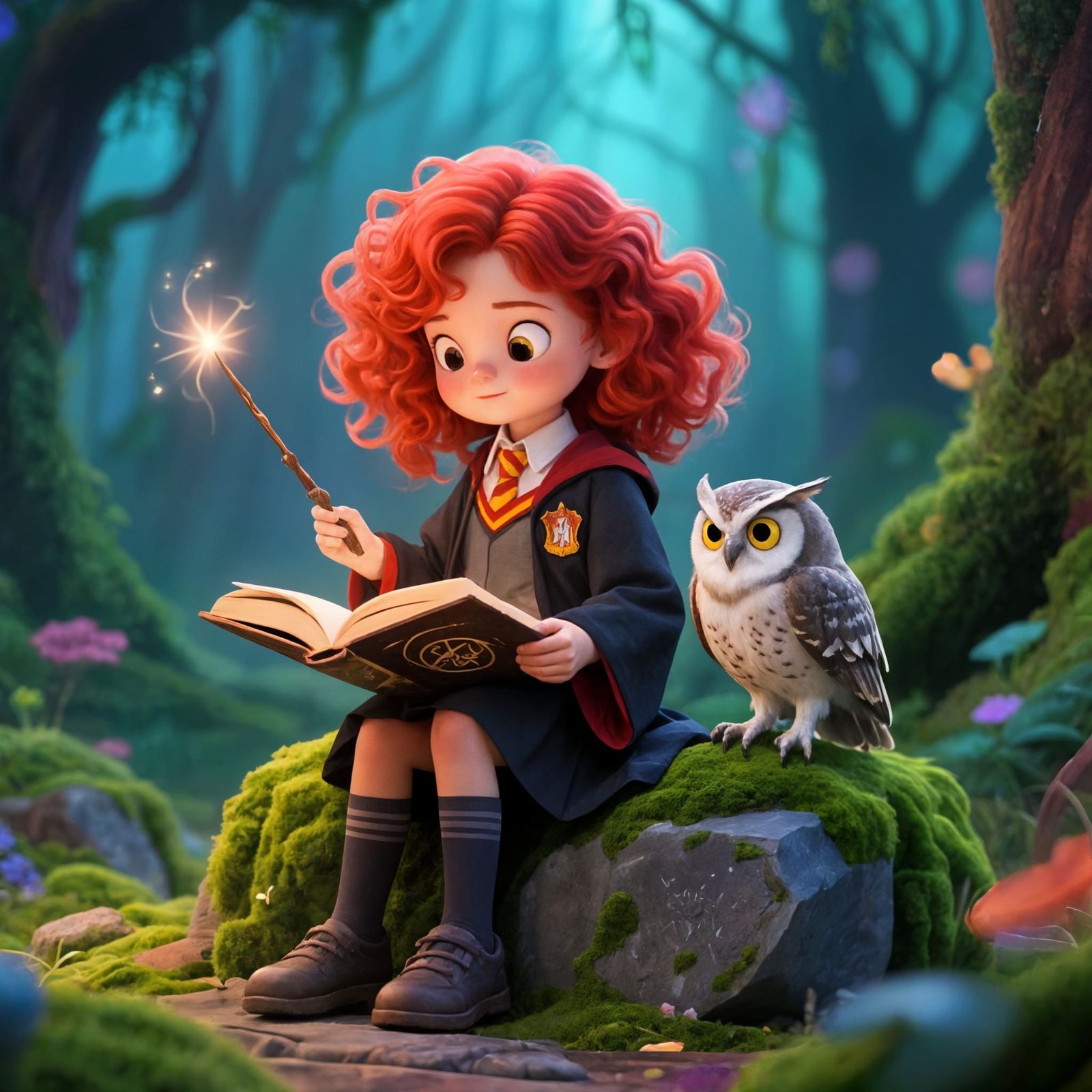 Young Witch Studies Spell Book in Enchanted Forest