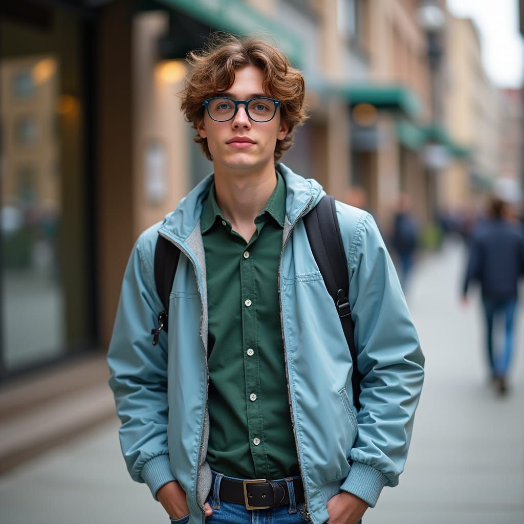 Hyperrealistic Portrait of Young Man Near Library