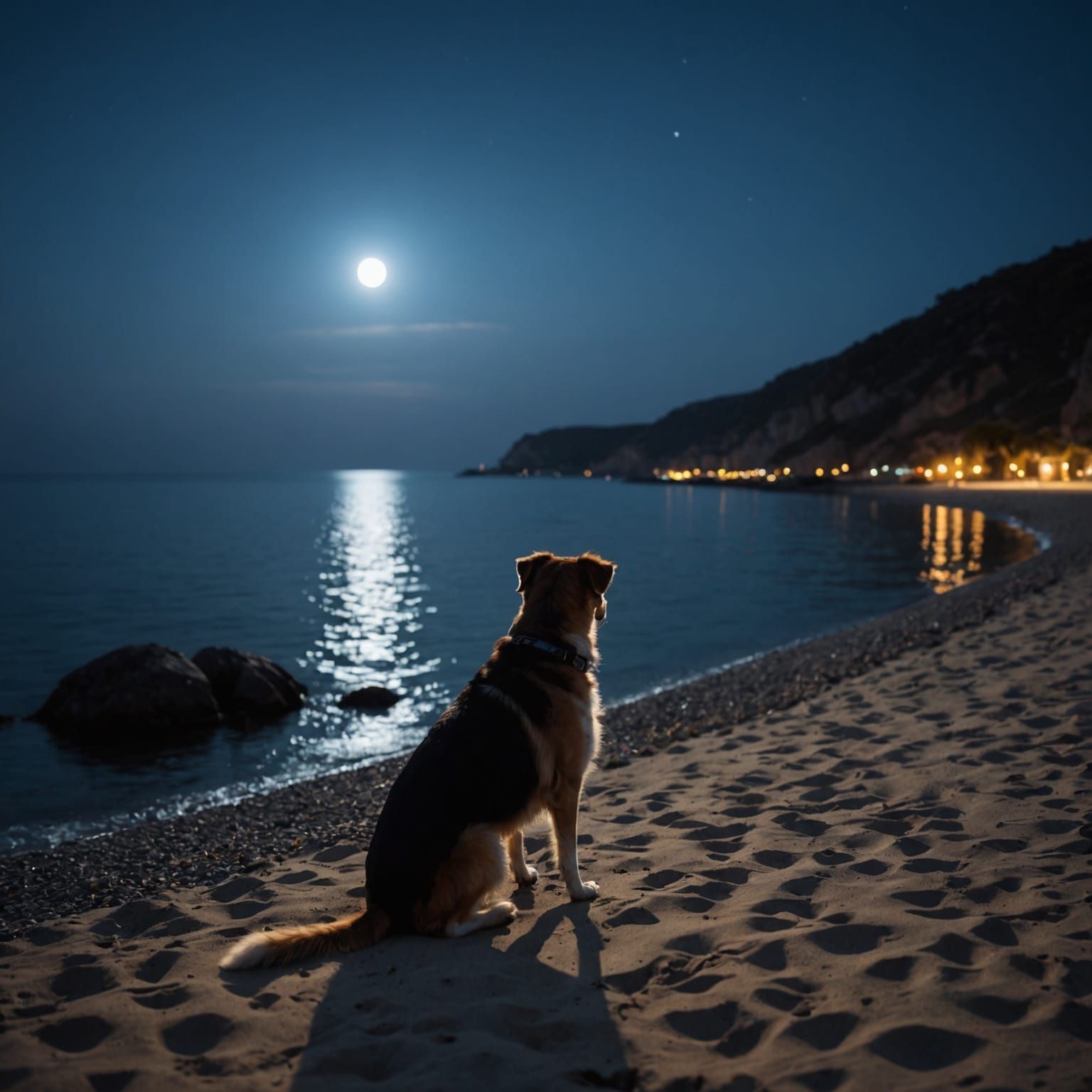 Moonlit Night Sea with Dog: Hyperrealistic Photography