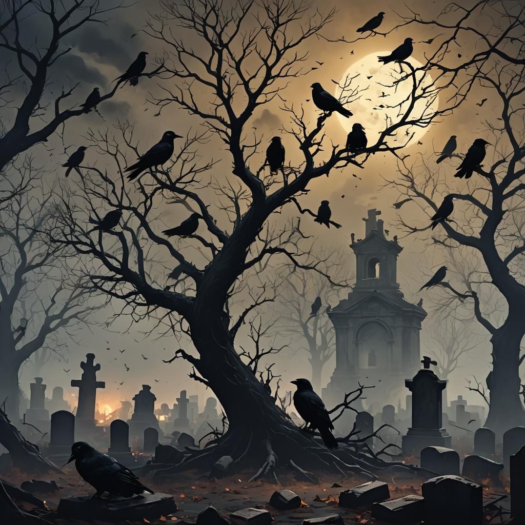 Eerie Graveyard Scene with Ravens in Gothic Style