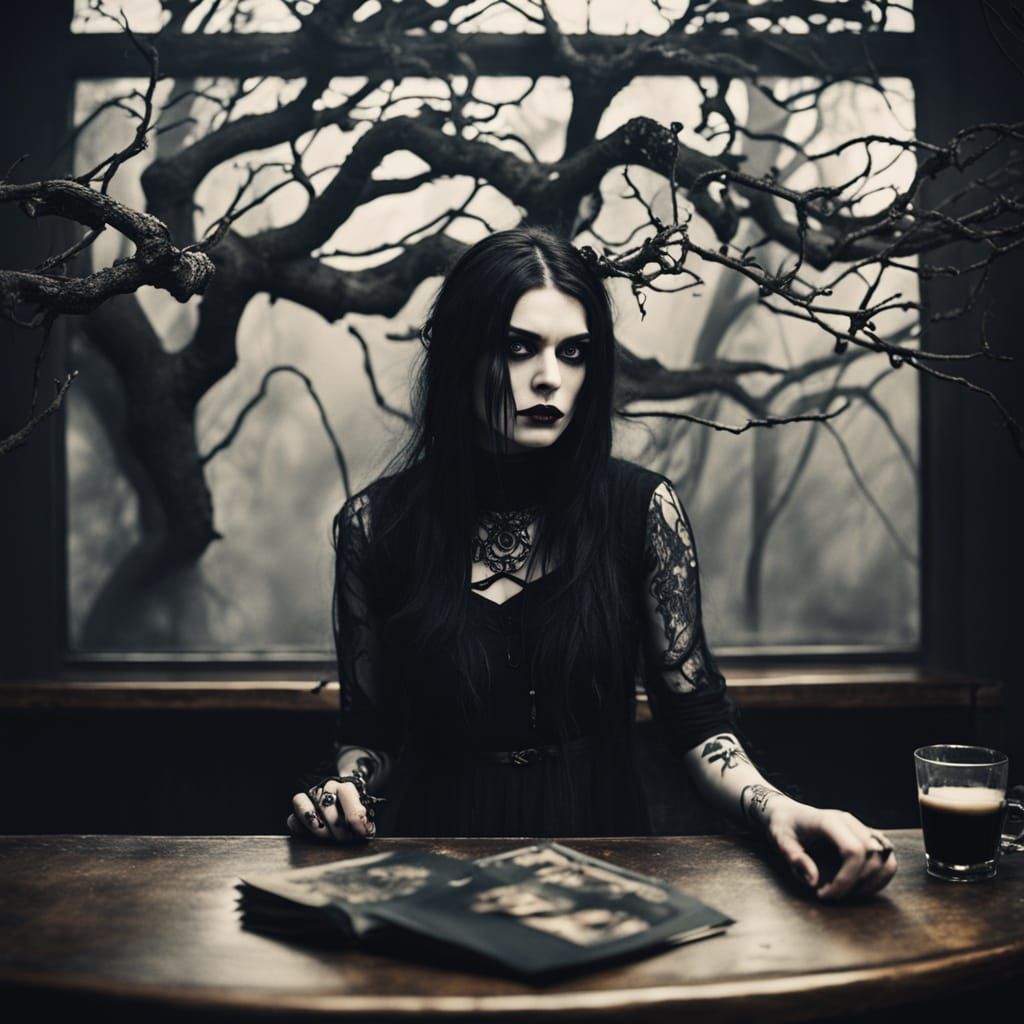 Moody Goth Fashion Model in Eerie Coffee Shop