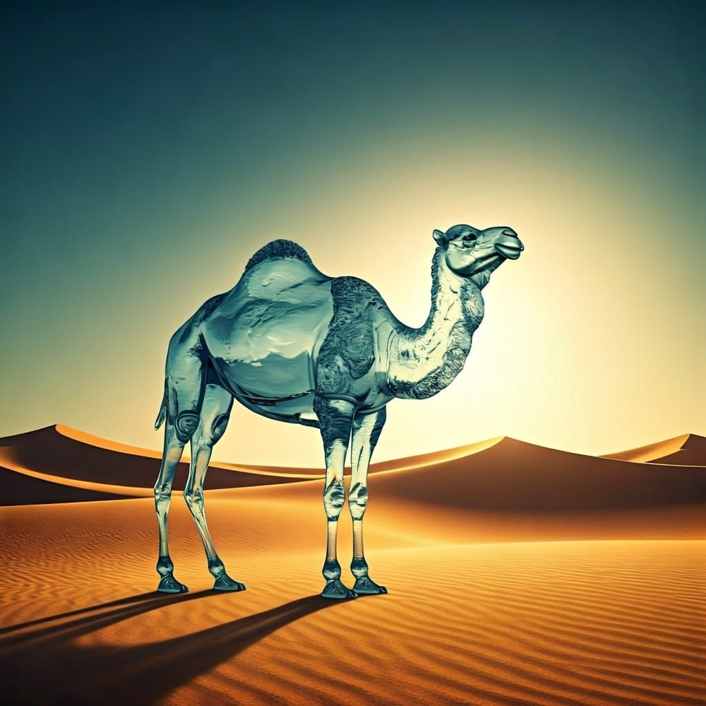 Translucent Water Camel Sculpture in Arid Desert