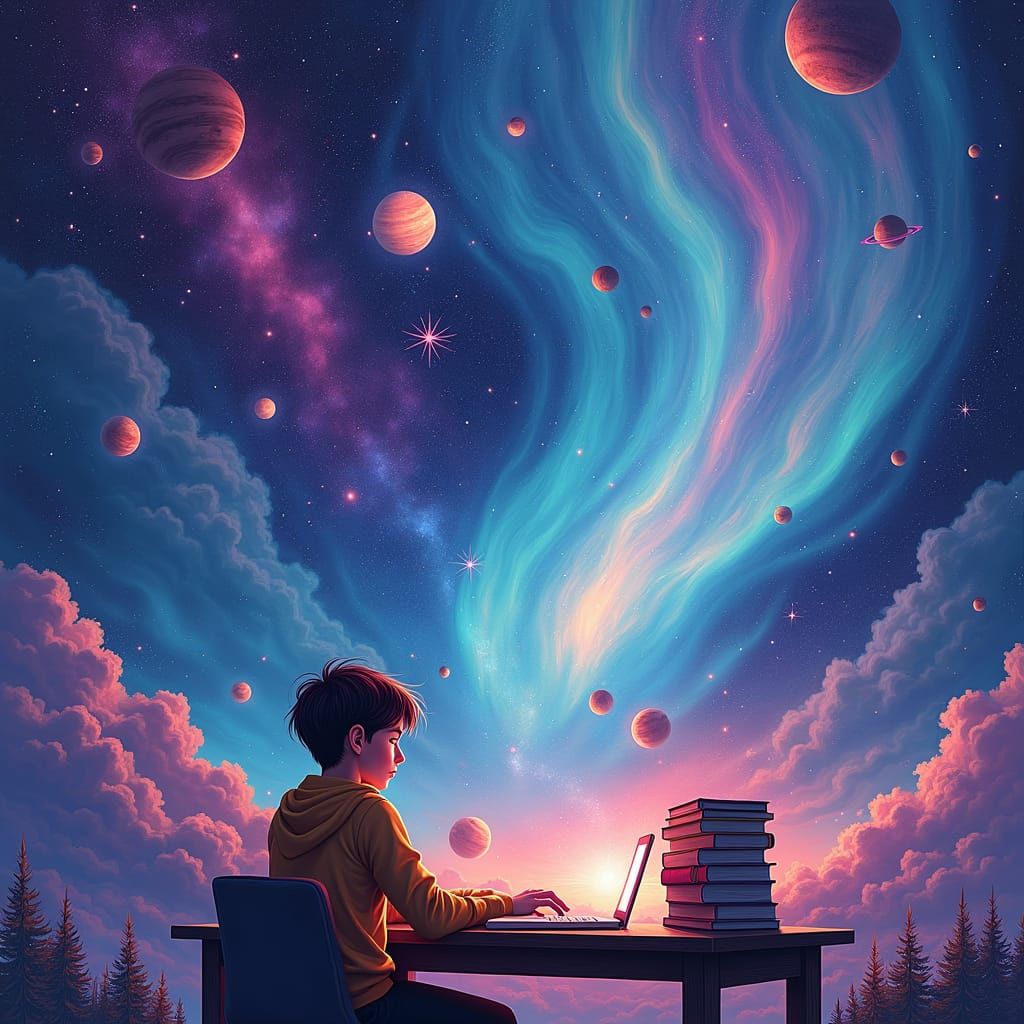 Cosmic Student Surrounded by Astral Aurora