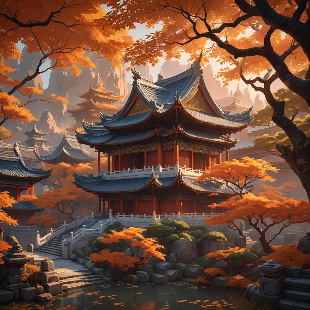 Chinese Temple Sunset with Orange Leaves in Anime Style