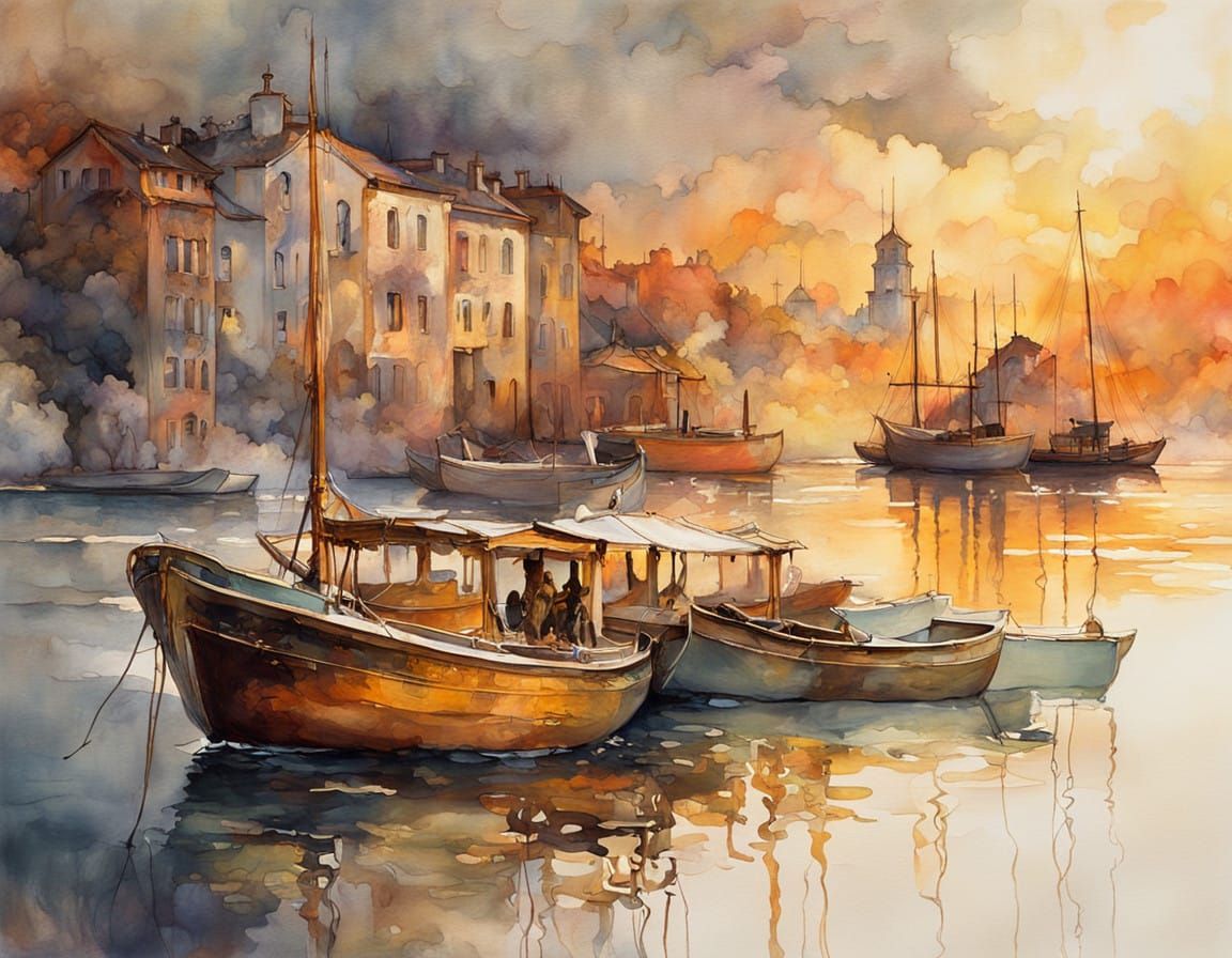 Dreamy Watercolor Landscape with Golden Glow and Soft, Gradi...