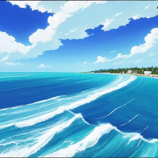 Anime Sailboat on Turquoise Sea with Seagulls