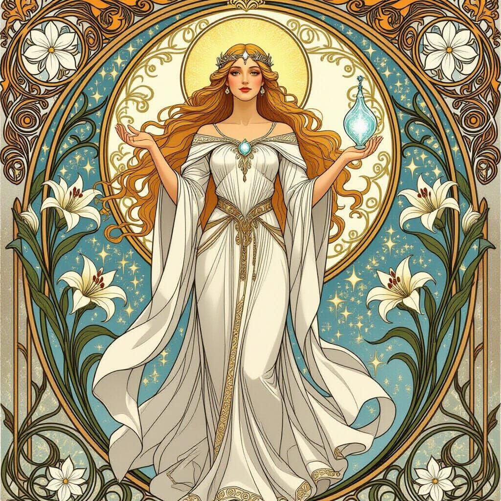 Art Nouveau Masterpiece of Galadriel in Alphonse Mucha Style