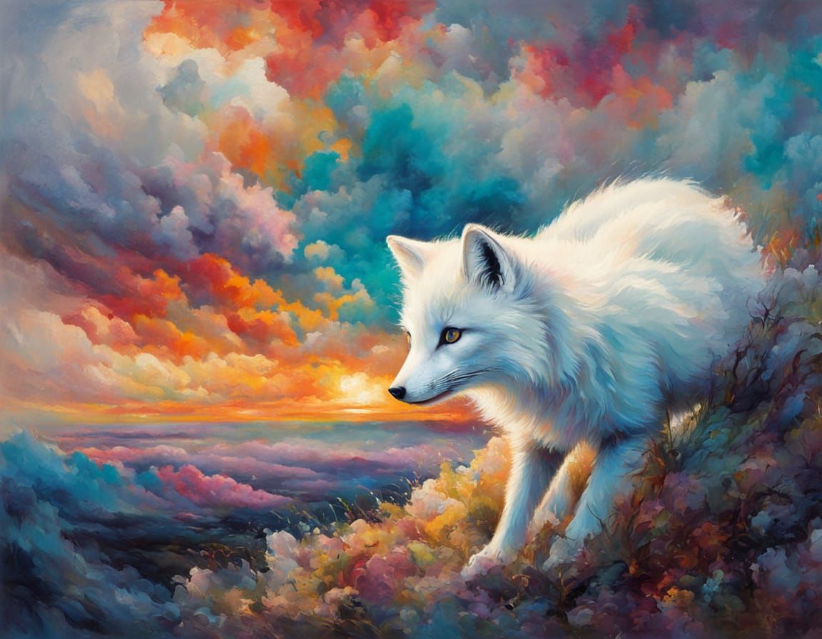 Impressionist Arctic Fox in Vibrant Clouds