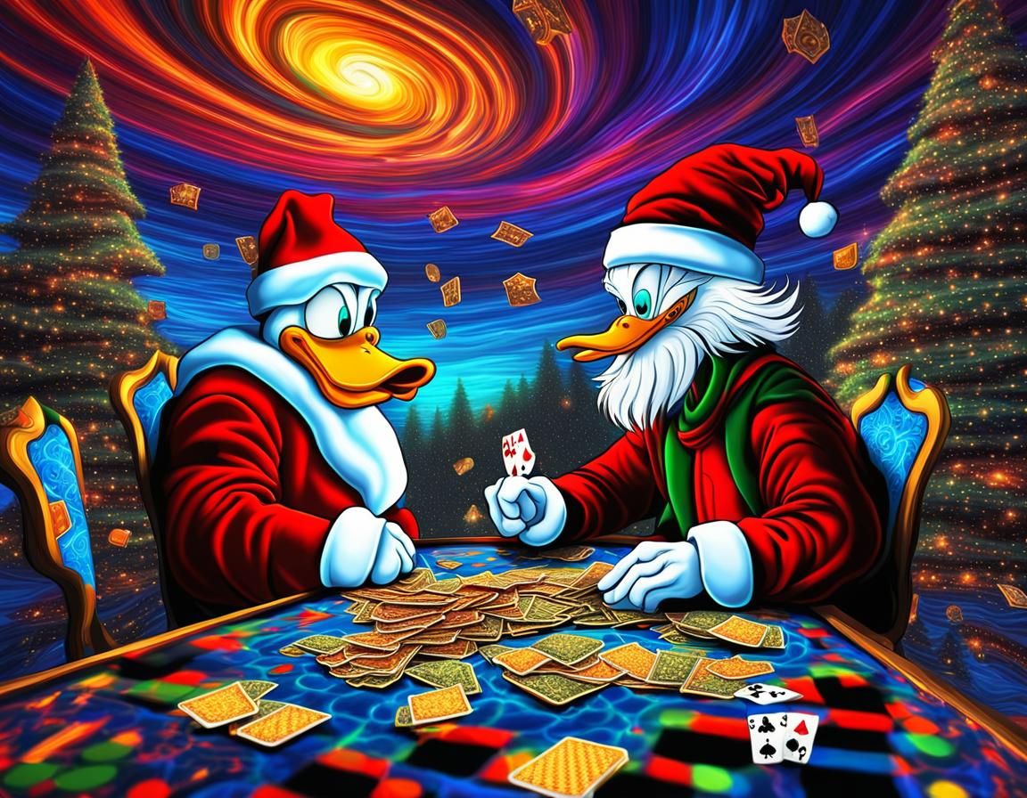 Just took my first acid and I see daffy duck and santa Claus playing poker against a trippy sky abstract vector fractal,...