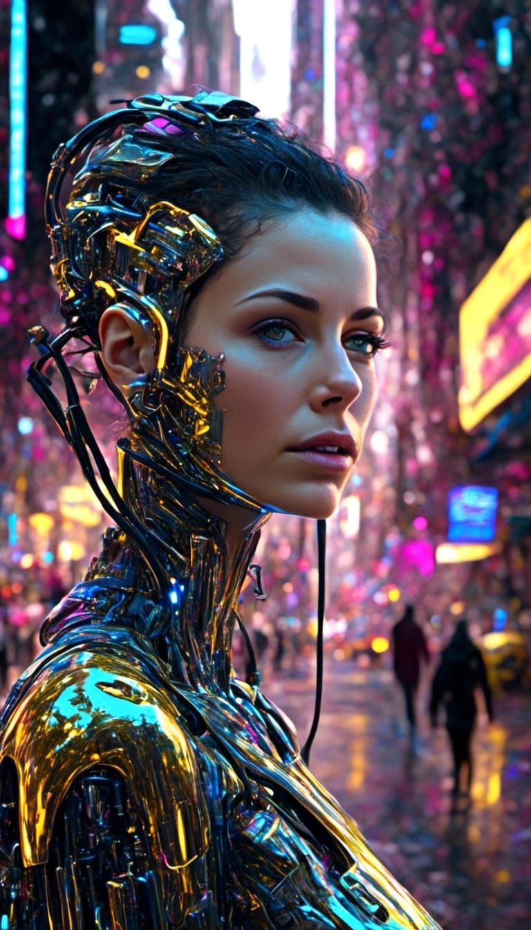 Futuristic Biopunk Beauty in Cyberpunk Cityscape