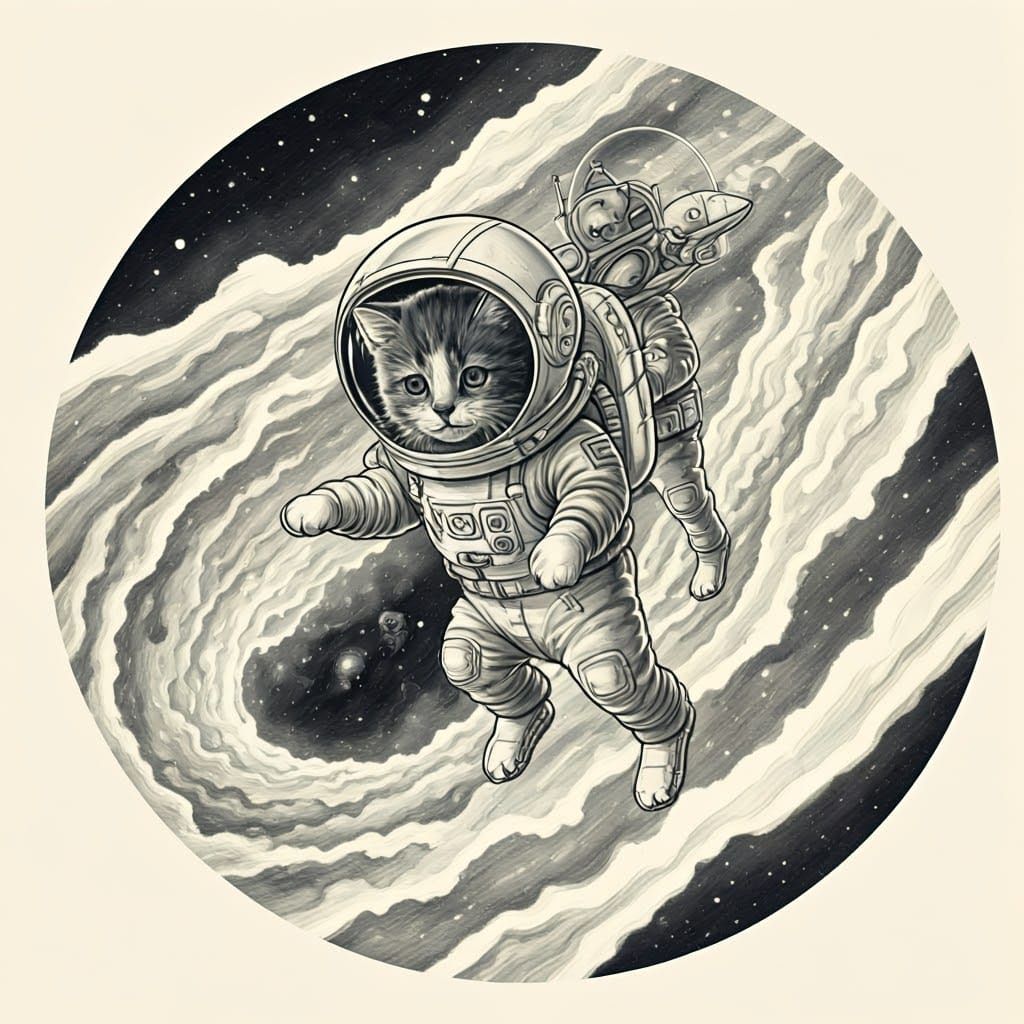 Vintage Science Book-Inspired Pencil Drawing of Space Puppie...
