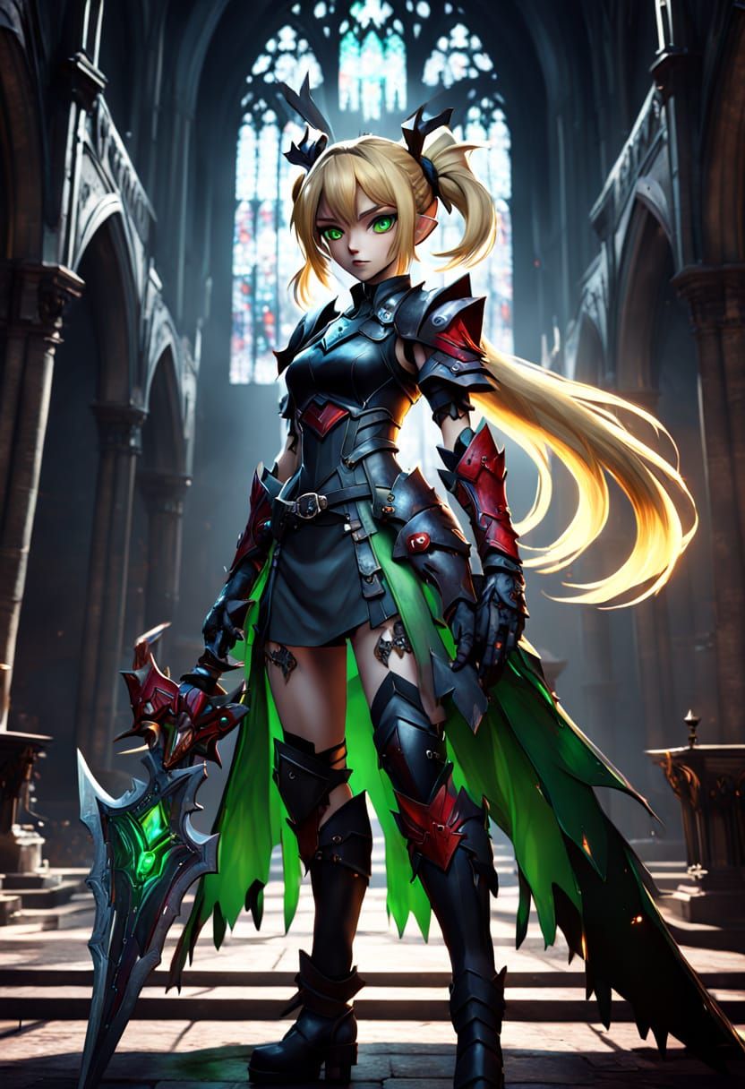 Blonde twin tails haired anime corrupted magical girl with green eyes, standing in a dark Gothic cathedral, 4k resolutio...