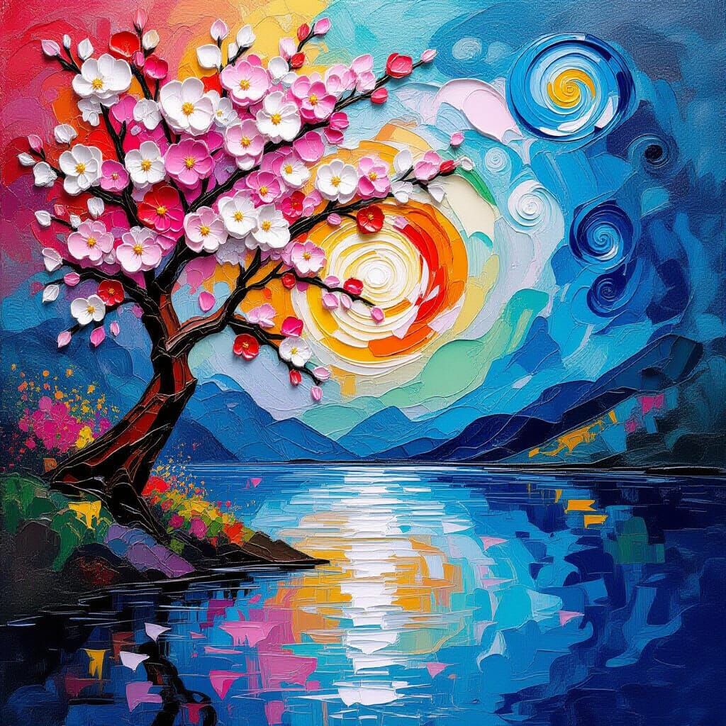 Surreal Impasto Oil Painting of Sakura Blossoms by Lake