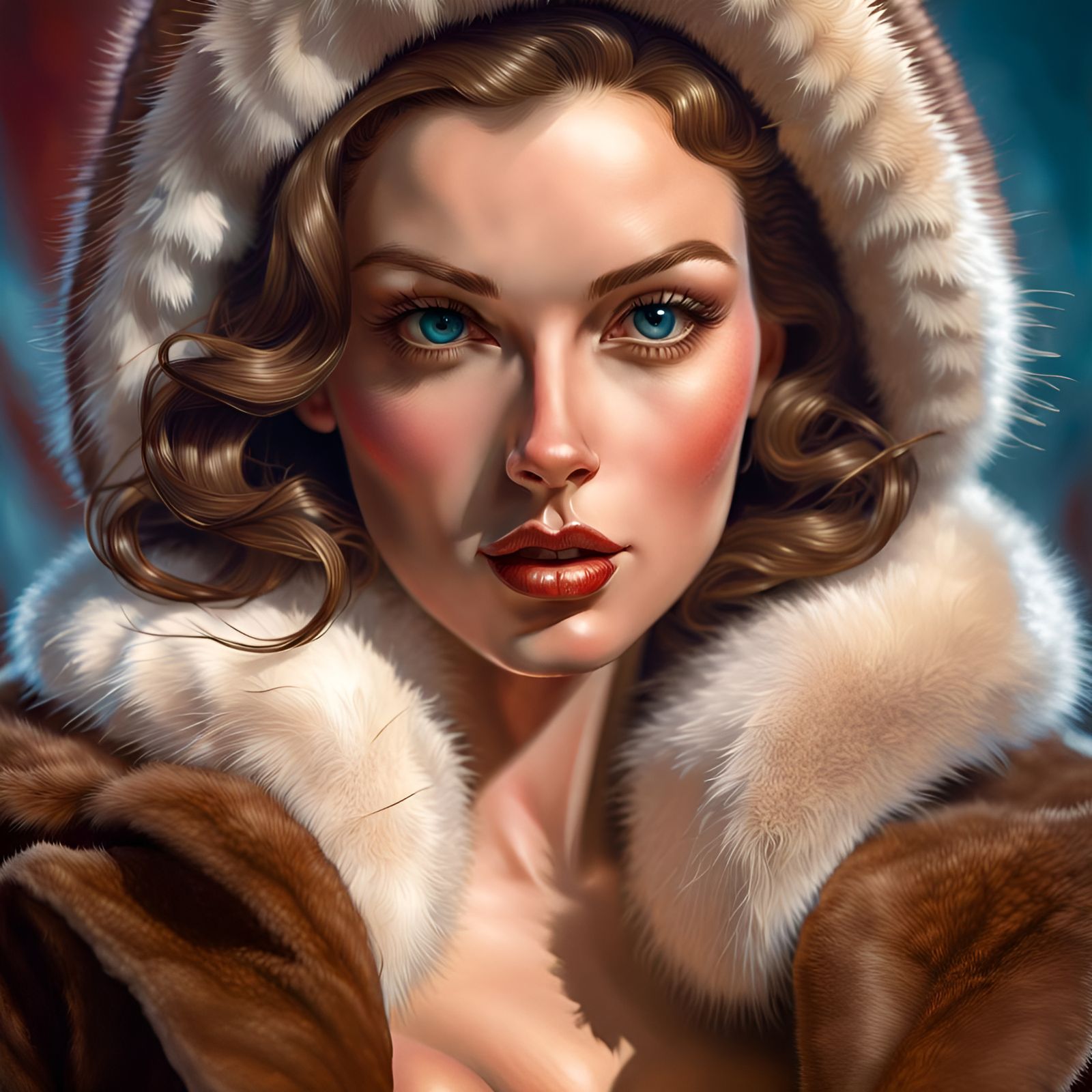 Glamorous Woman in Mink and Bikini, Pin-Up Style