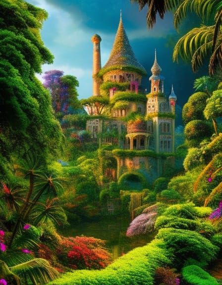 Jungle Castle Ruins in Neo-Impressionist Style