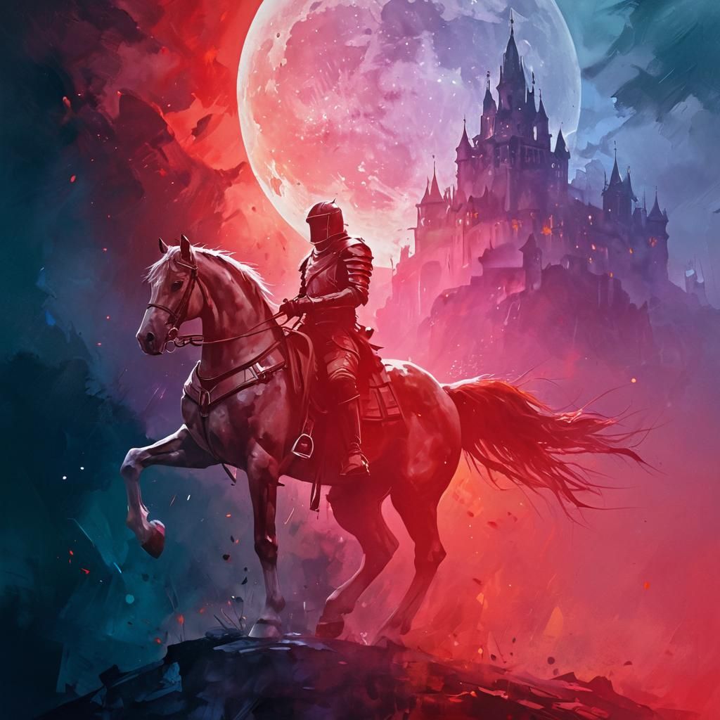 Knight on horse back silver armour moon lit night by Thomas Wells Schaller, photorealistic, hyp...