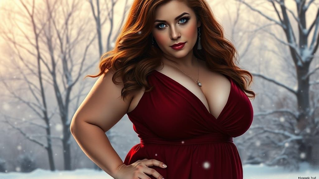 Voluptuous Woman in Red Dress in Winter Landscape