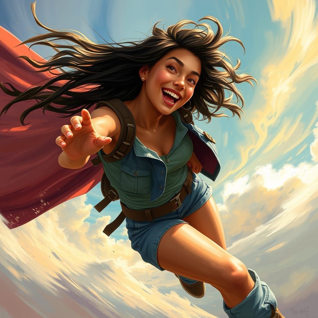 Storm Chaser Laughing in Windwalking Through Turbulent Sky