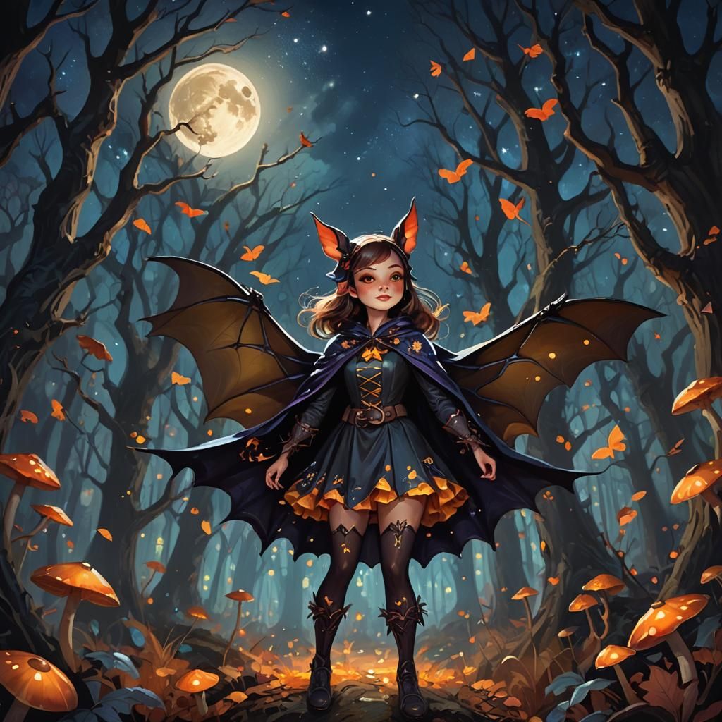 Bat Girl in Enchanted Forest: Whimsical Oil Painting