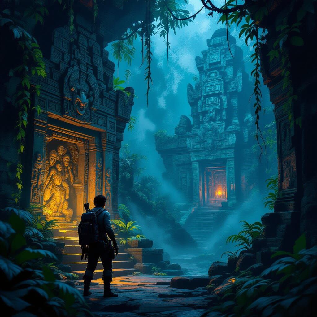 Adventurer Discovers Hidden Temple in Bioluminescent Jungle