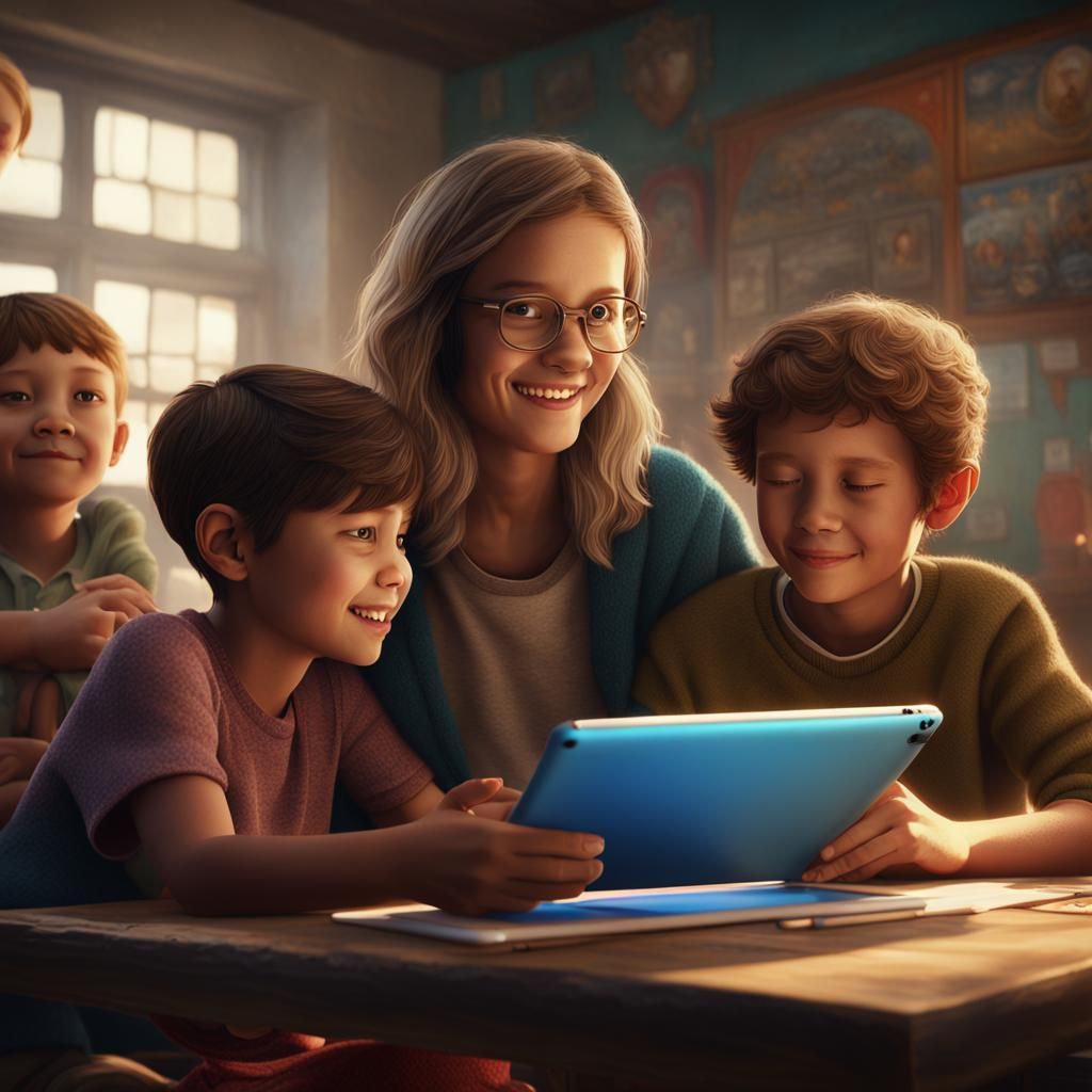Teacher and Students Using iPad, Detailed Digital Art
