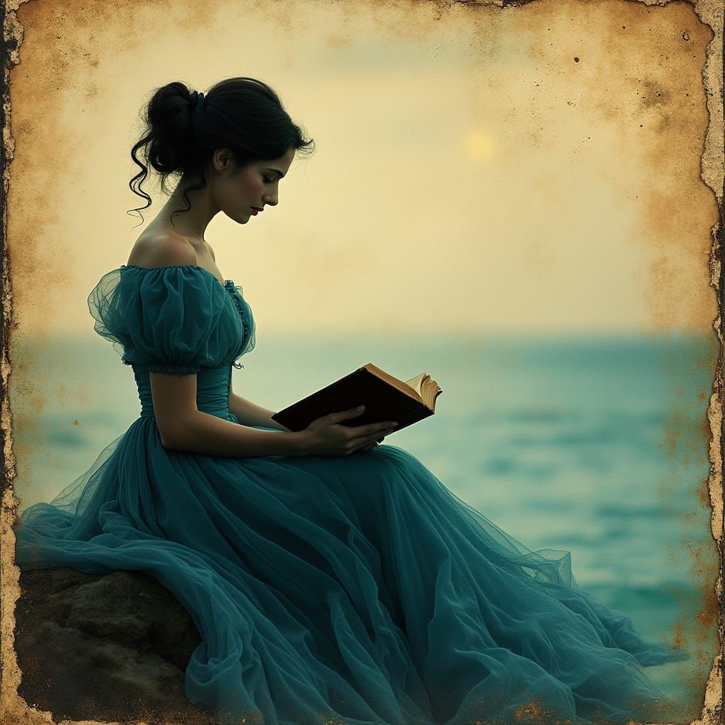 Elegant Woman Reading, Layered Photogravure Style