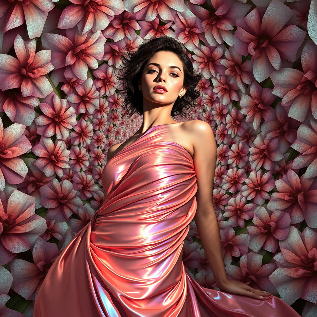 Surreal Woman Merged with Infinite Morphing Flowers