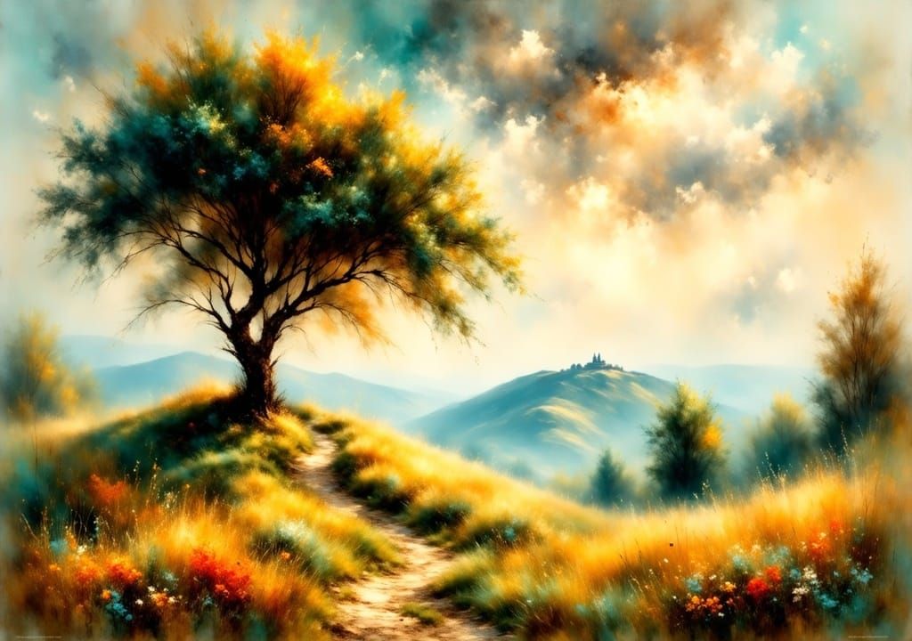 Ethereal Tree on Hill in Dreamy Romanticism Style