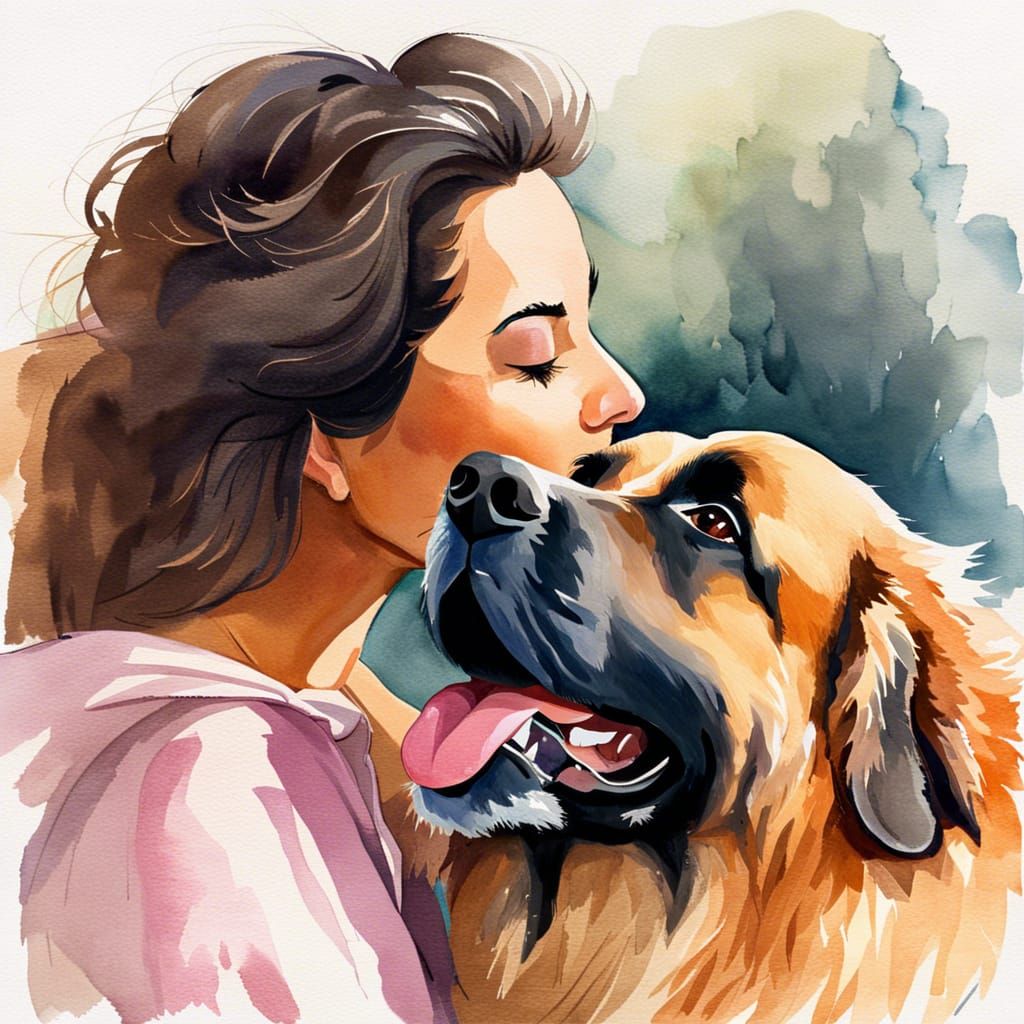 Woman Kisses Leonberger in Watercolor Painting