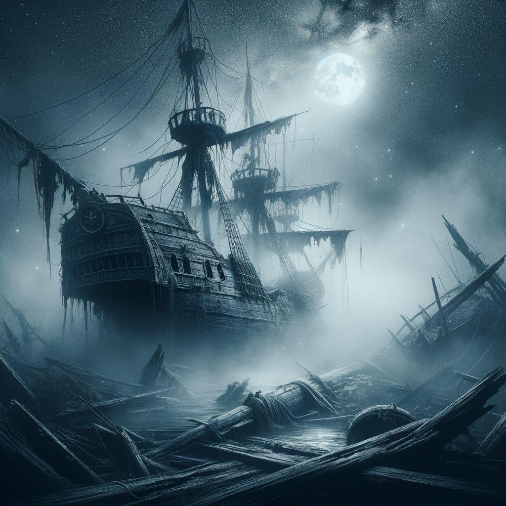 Haunting Wreck of Pirate Ship Under Moonlight