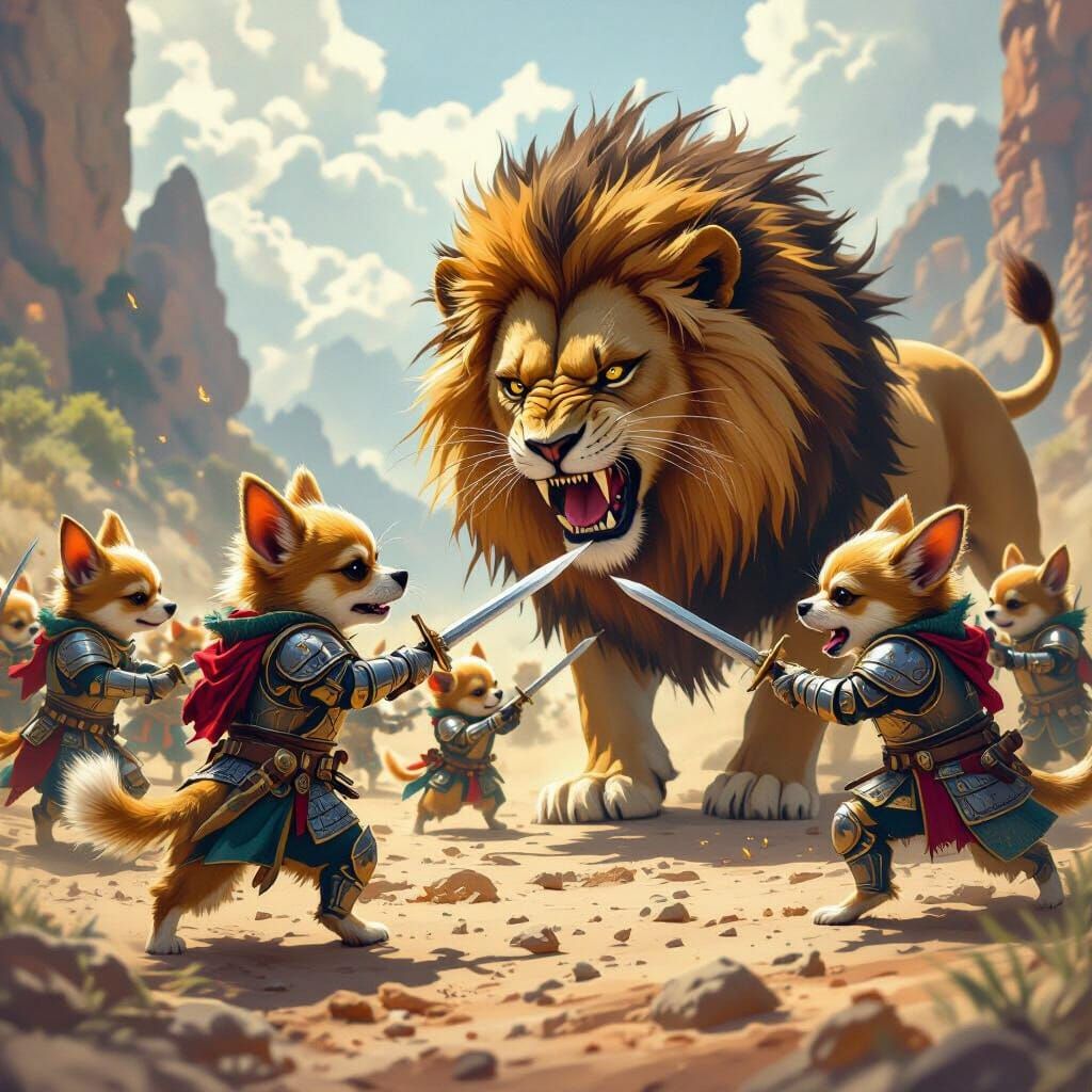 Chihuahua Army Attacks Majestic Lion in Fantastical Style