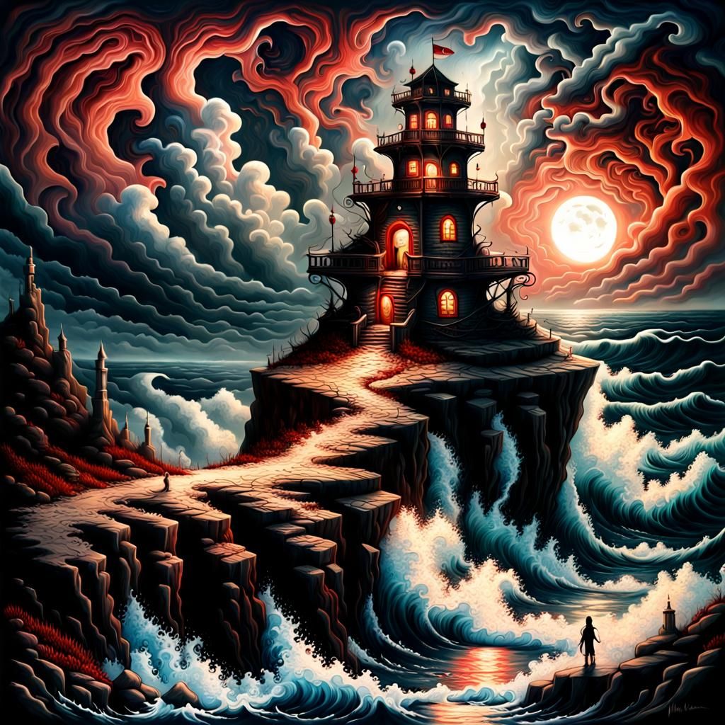 Sinister Watchtower Under Blood Moon: Fantasy Airbrush Art