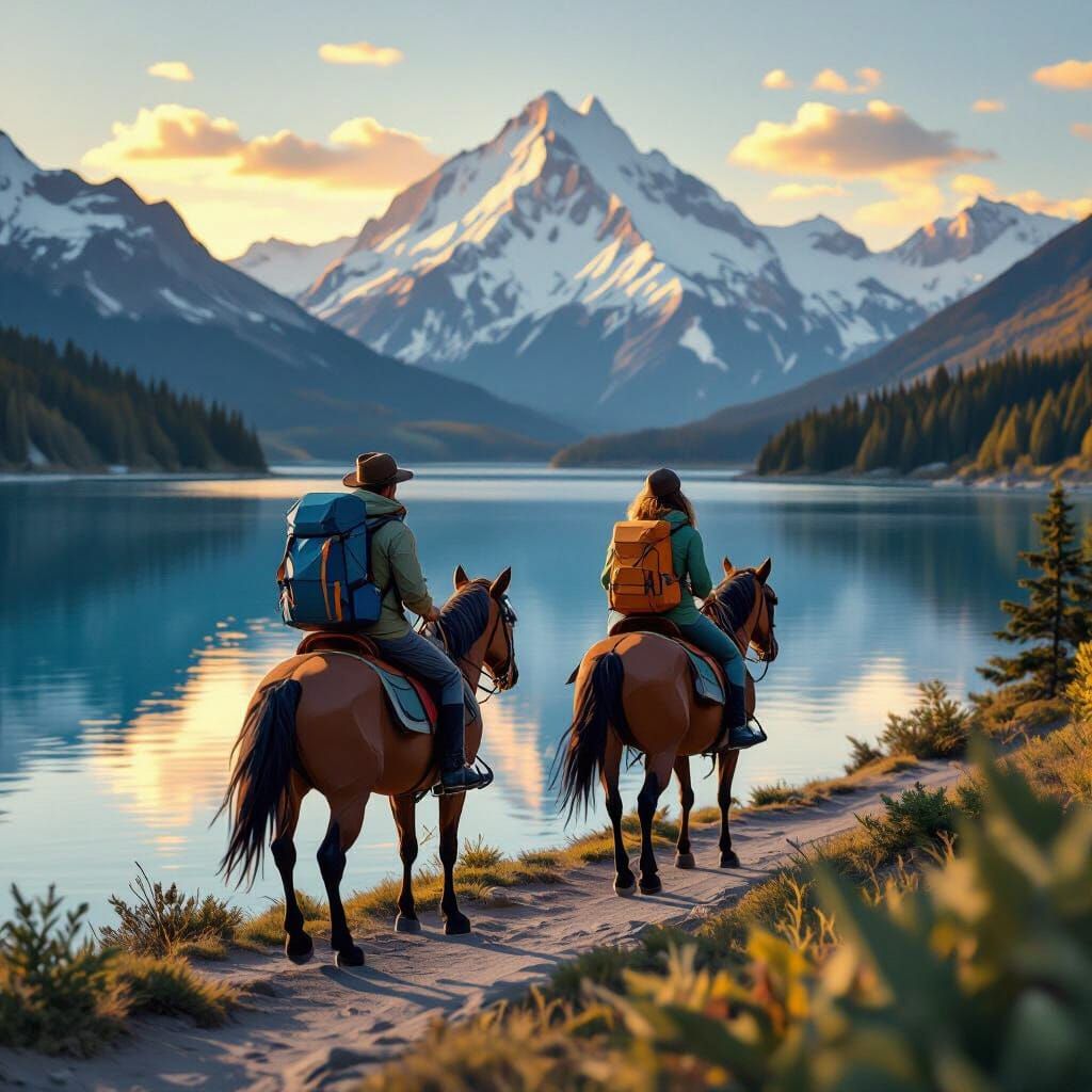 Couple Rides Horses by Blue Lake in Origami Style