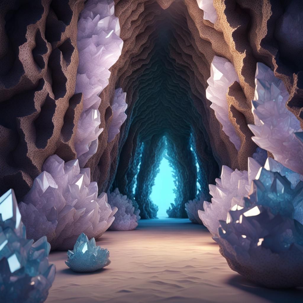 Inside a crystal Cave like Geode are very beautiful crystalline shapes carved from crystals and geodes, fractal, refract...