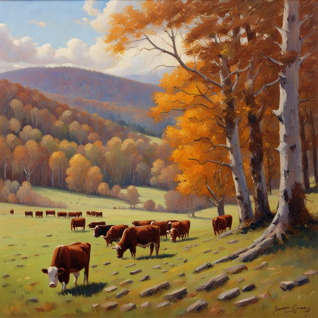Autumn Pasture with Cattle, Oil Painting