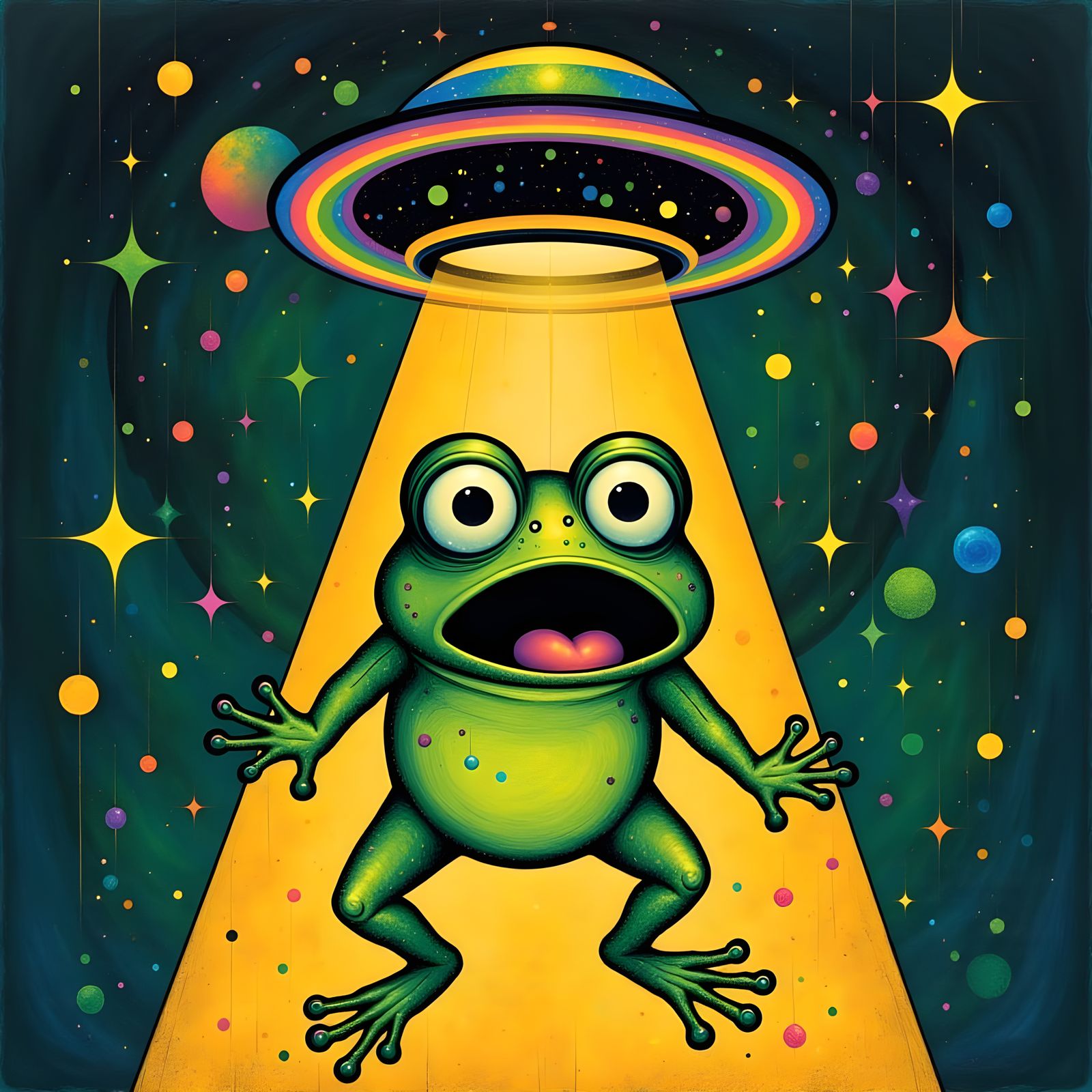 Surprised Frog Abducted by UFO in Surreal Style