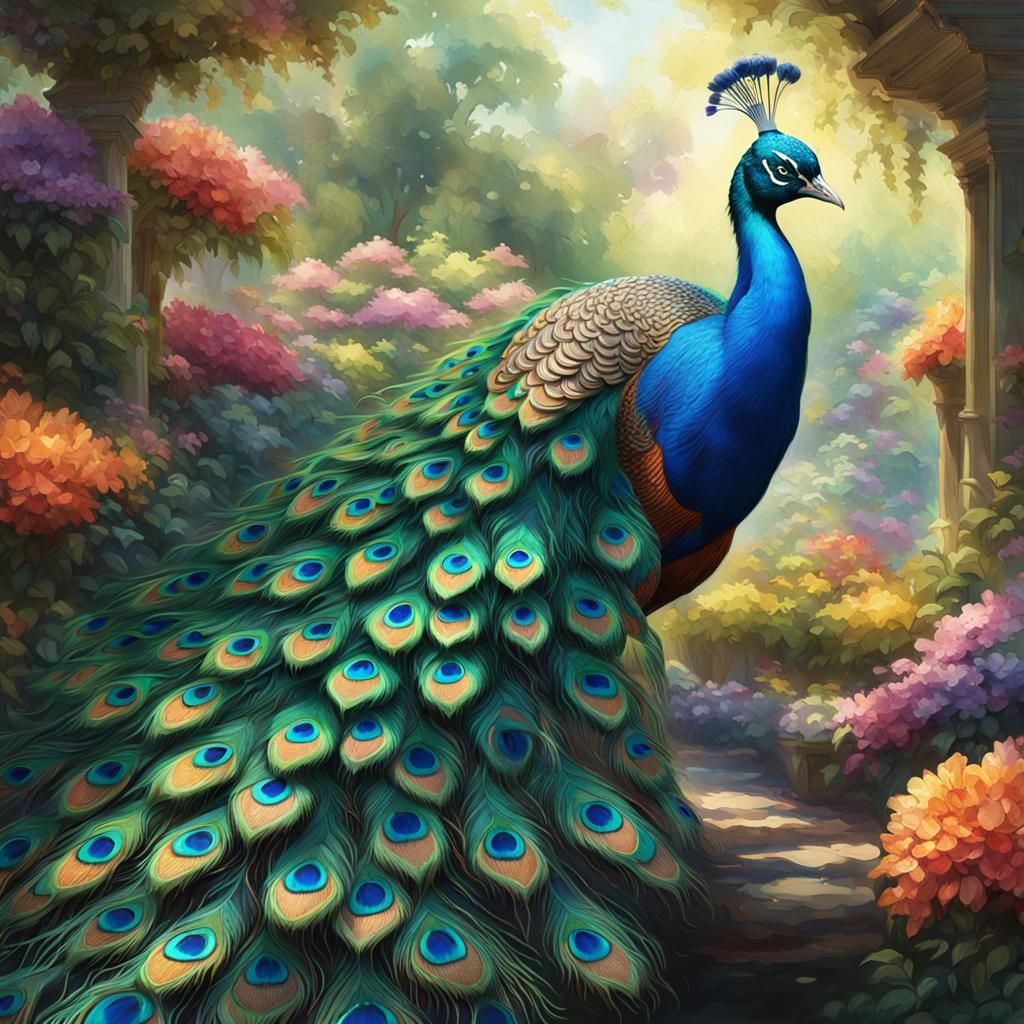 Peacock Displaying Feathers in Botanical Garden