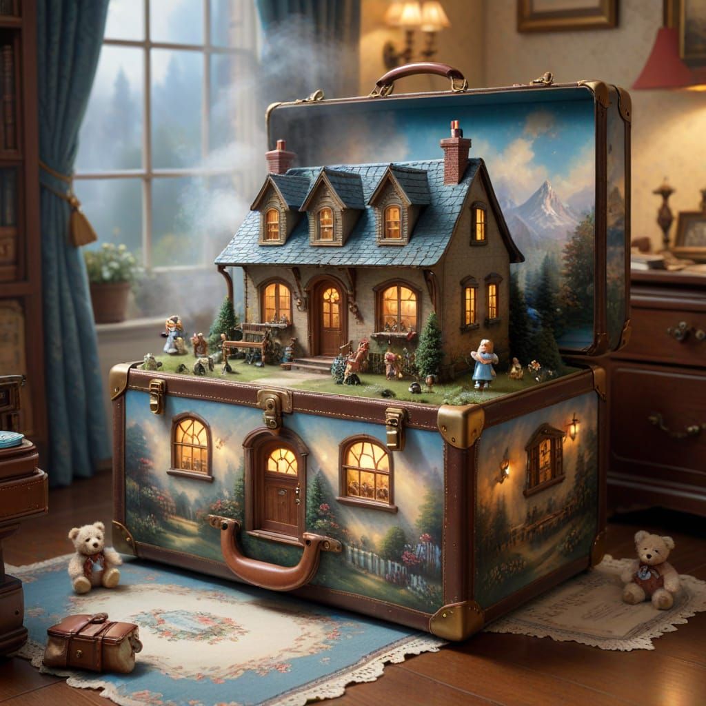 Antique Suitcase Dollhouse Filled With Adorable Teddy Bears