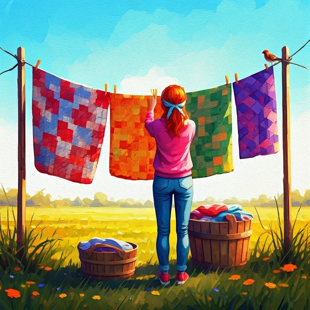 Vibrant Laundry Day Scene in Impressionist Style