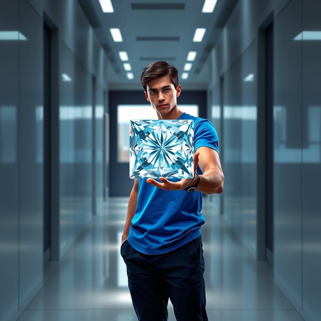 Diamond Block Held by Futuristic Figure in Modern Room