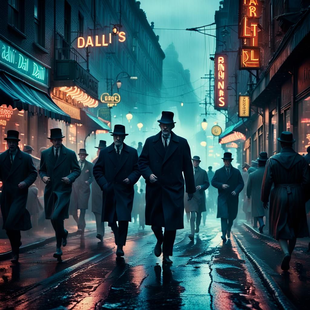 Crowded Street Scene in Surrealist Style